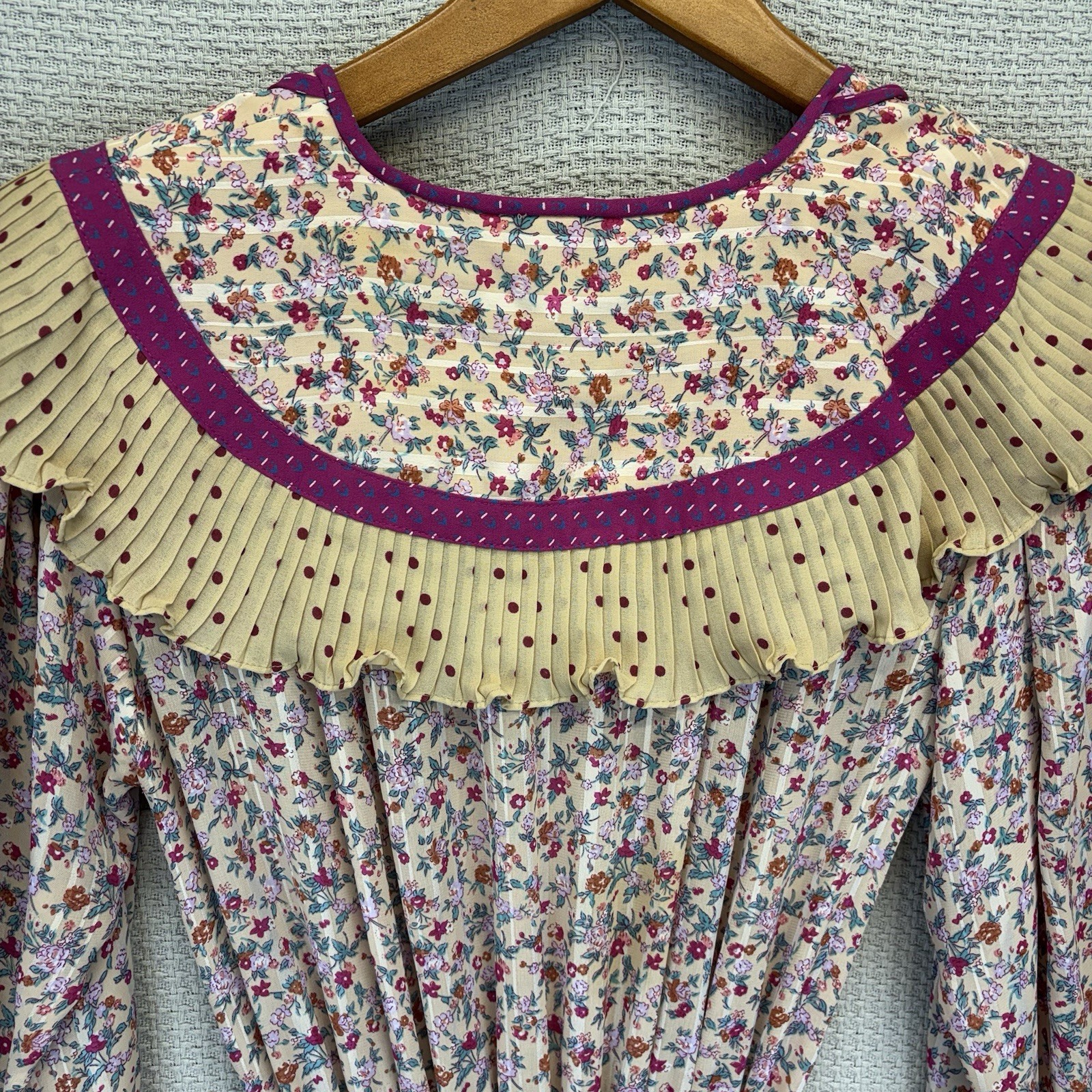 Vintage Lachine Boho Prairie Floral Midi Dress Small Pleated Ruffle Cottagecore