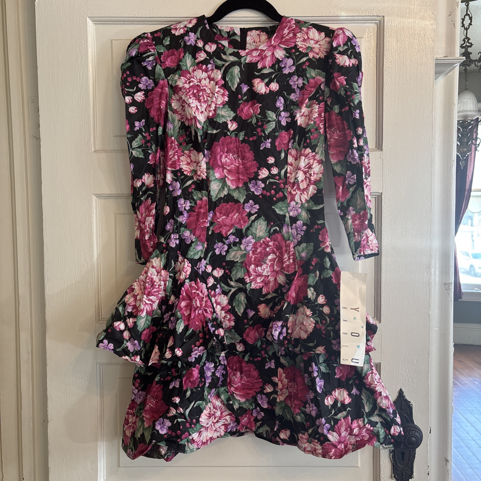 Vintage 80s Cottage Core Puff Sleeve Floral Punk Dress Peplum 3 XS Mini New Wave