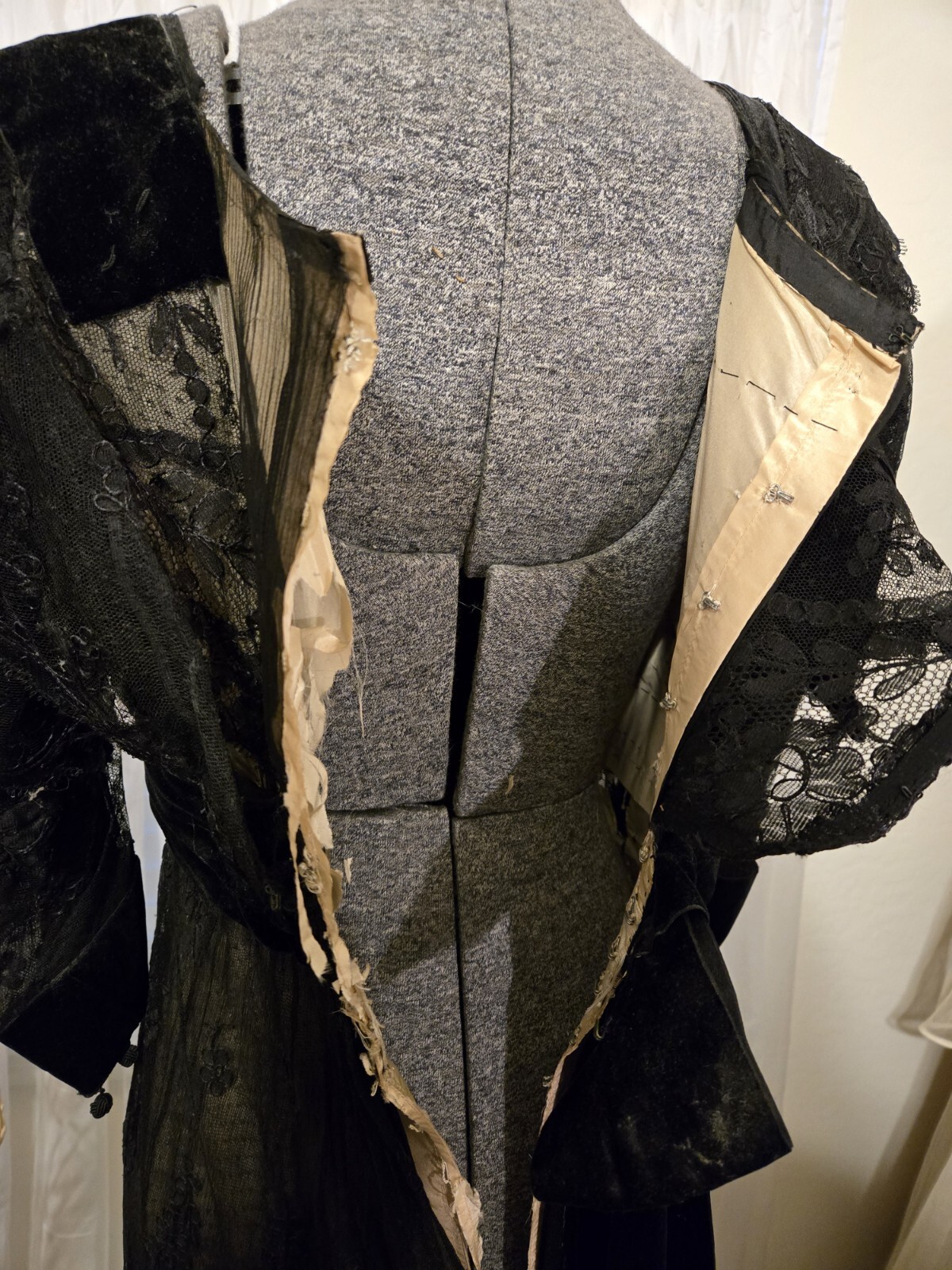 Edwardian Black Chantilly Lace Tassels & Velvet Trim Gown