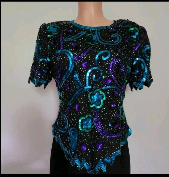 Laurence Kazar Vintage Sequin Beaded Silk Top Black Blue Purple Green Size L