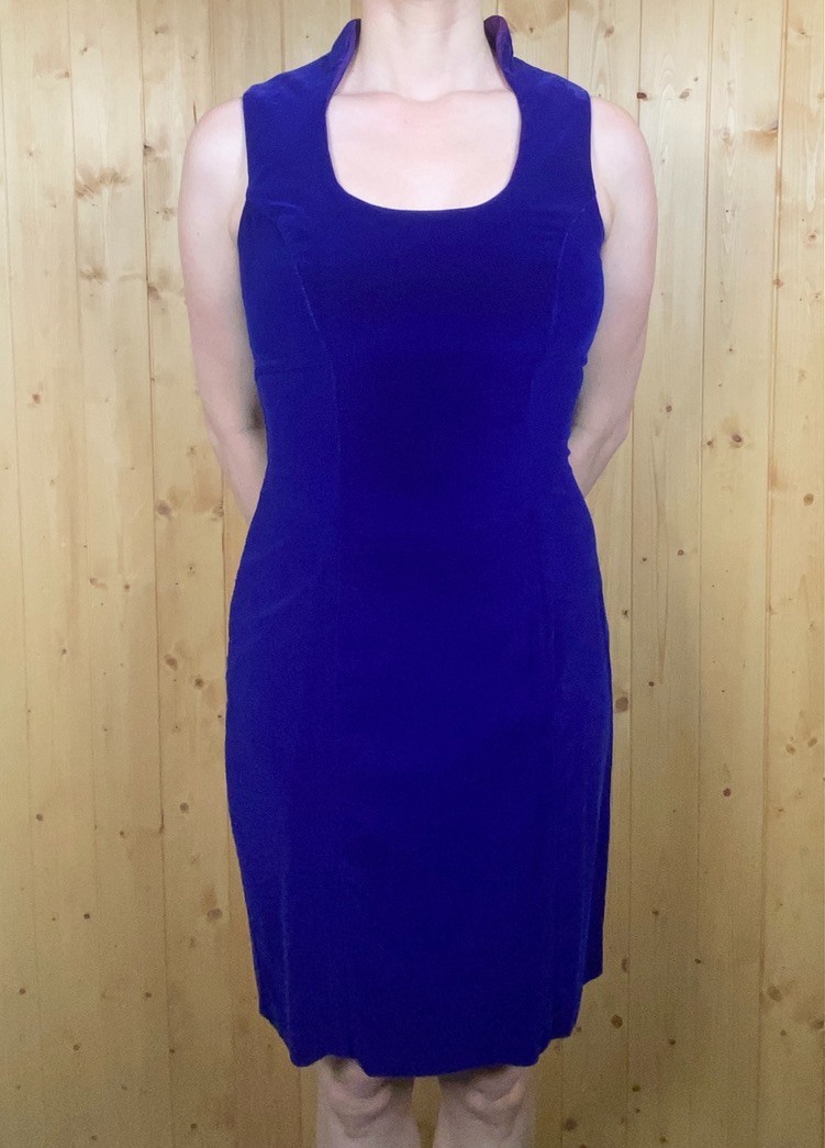 VTG 80s Late Edition Sapphire Blue Velvet Sheath Dress Vamp Collar Size 8