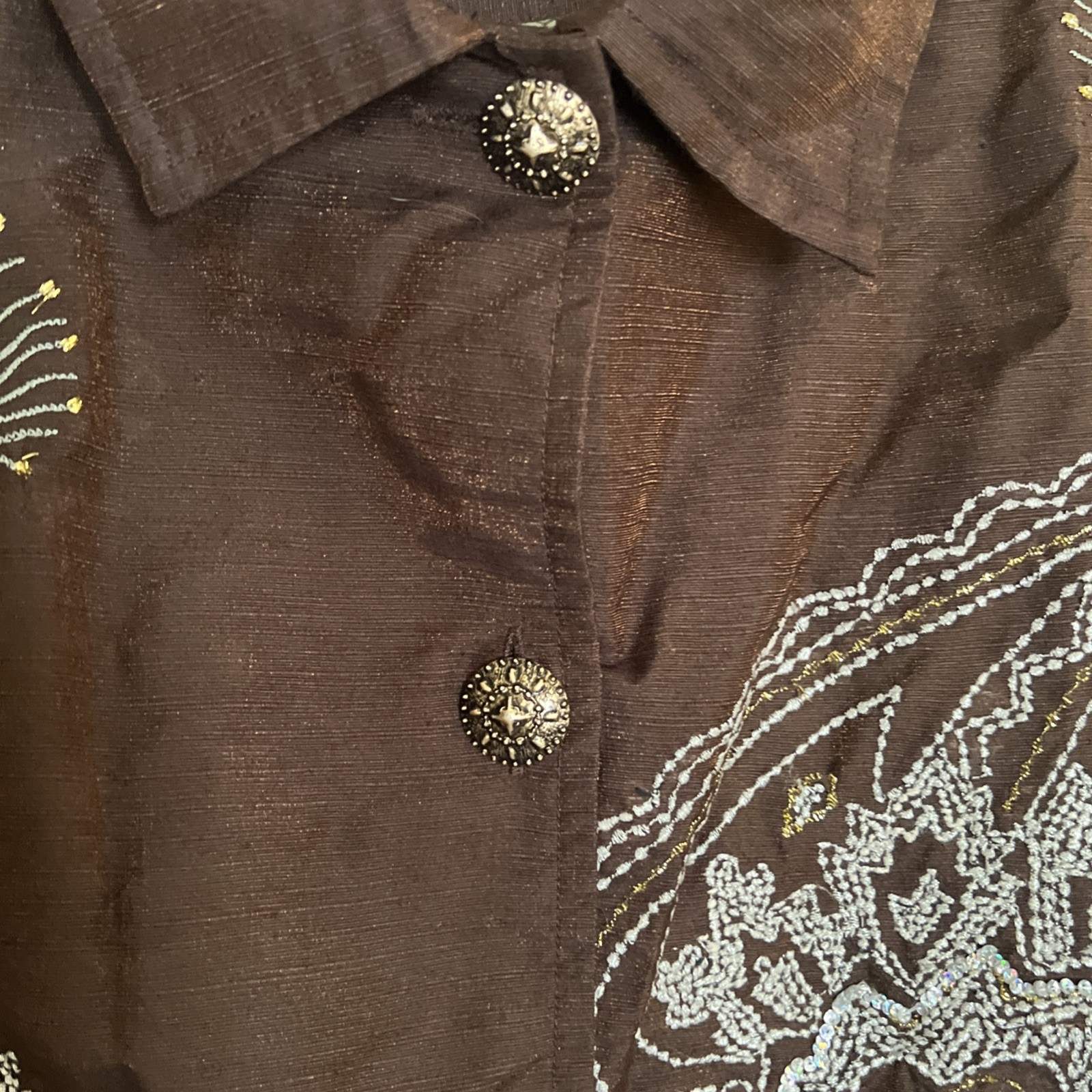 Indigo Moon Womens Blazer Size 1X Brown Button Front Beaded Embroidery Vintage