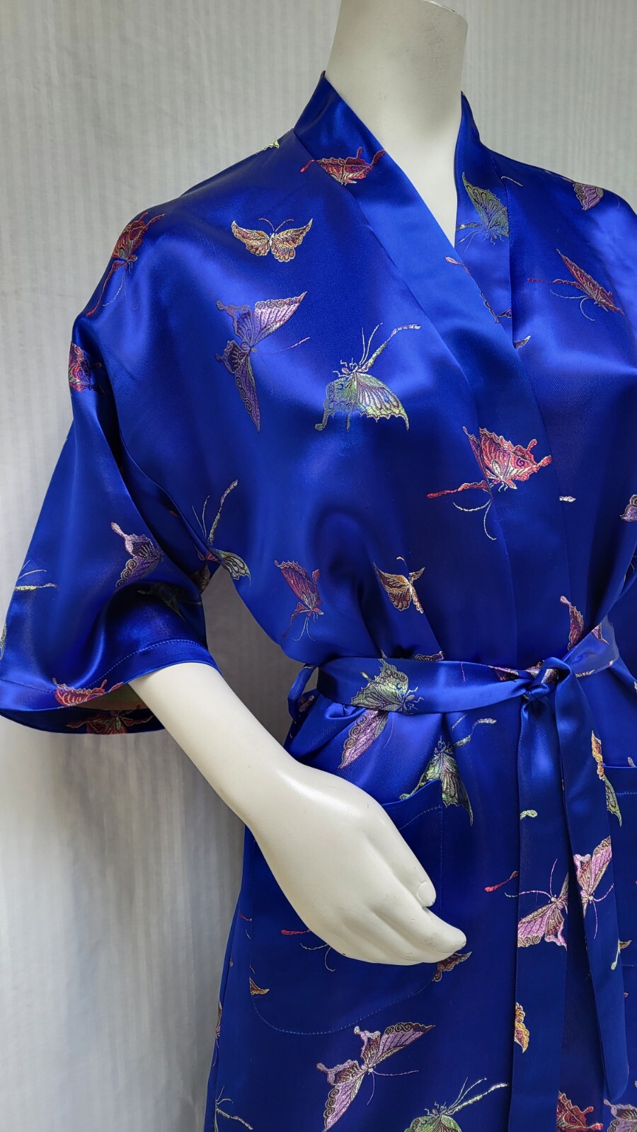 Vintage MEI GUI Blue Satin Butterfly Jacquard Japanese Silk Kimono Robe w/ Belt