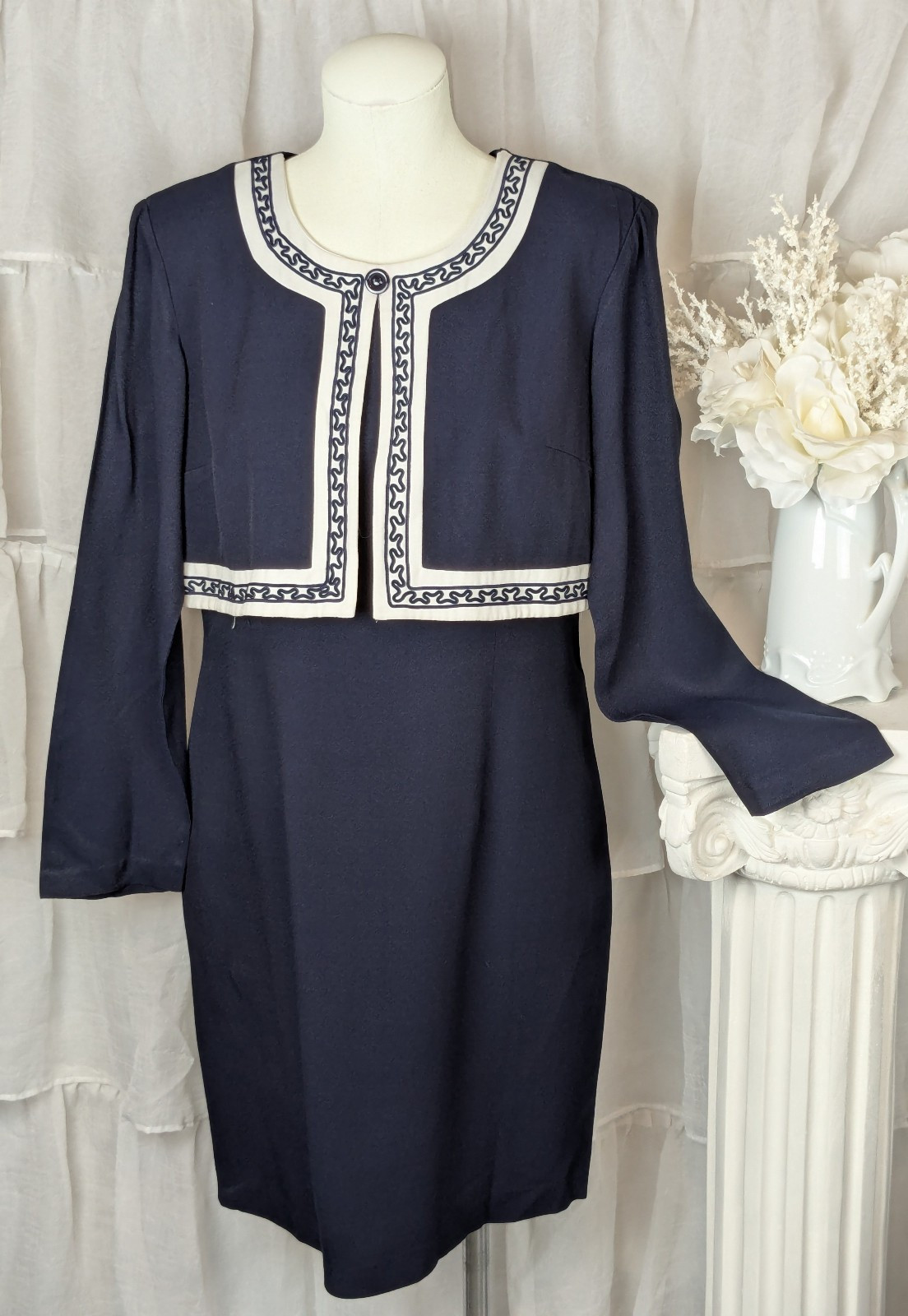 Expo Petite Vintage 80s Elegant Navy Blue White Crop Faux Jacket Sheath Dress S