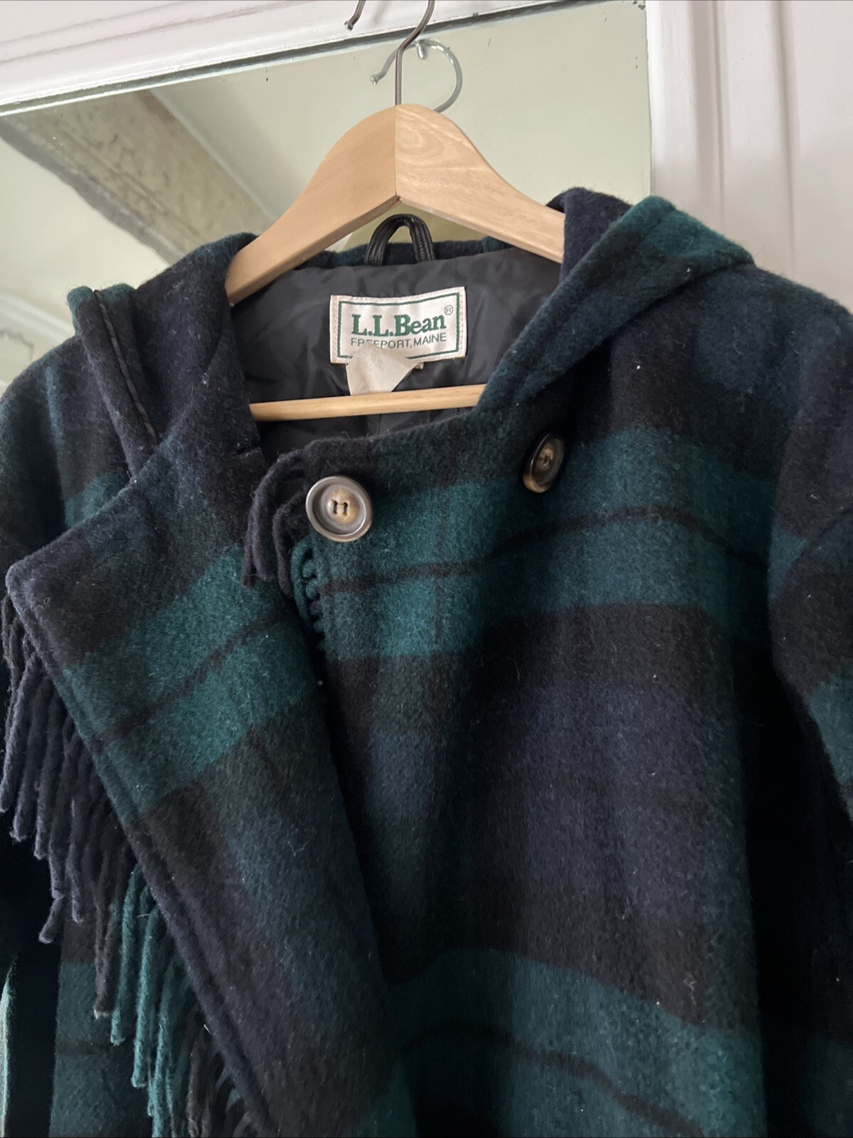 Vintage 80s HTF L.L. Bean Plaid Green Multi Fringe Wool Coat Hood Petite Medium