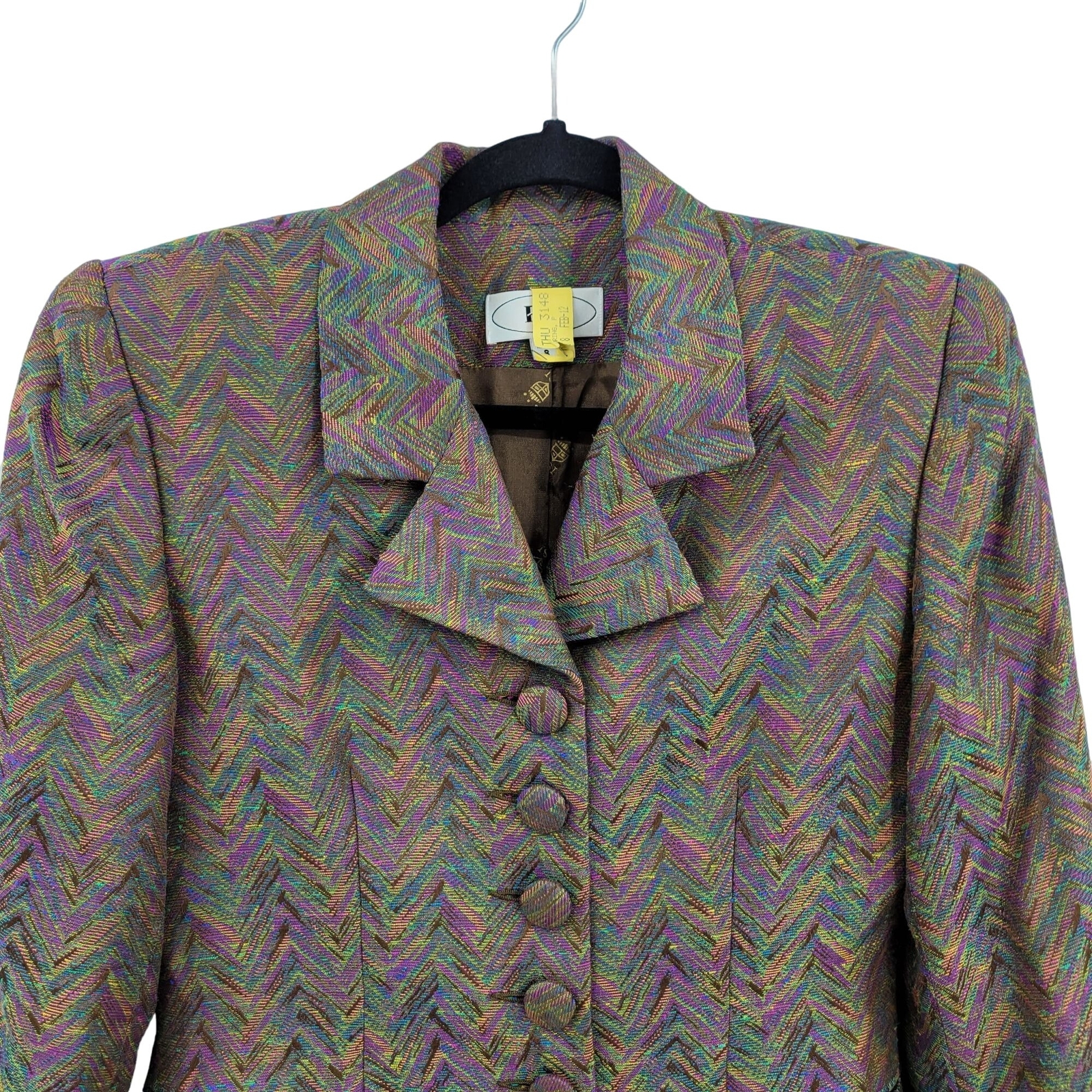 Womens 80’s Power Suit 8 Skirt Set Rainbow Chevron Psychedelic Twill Button