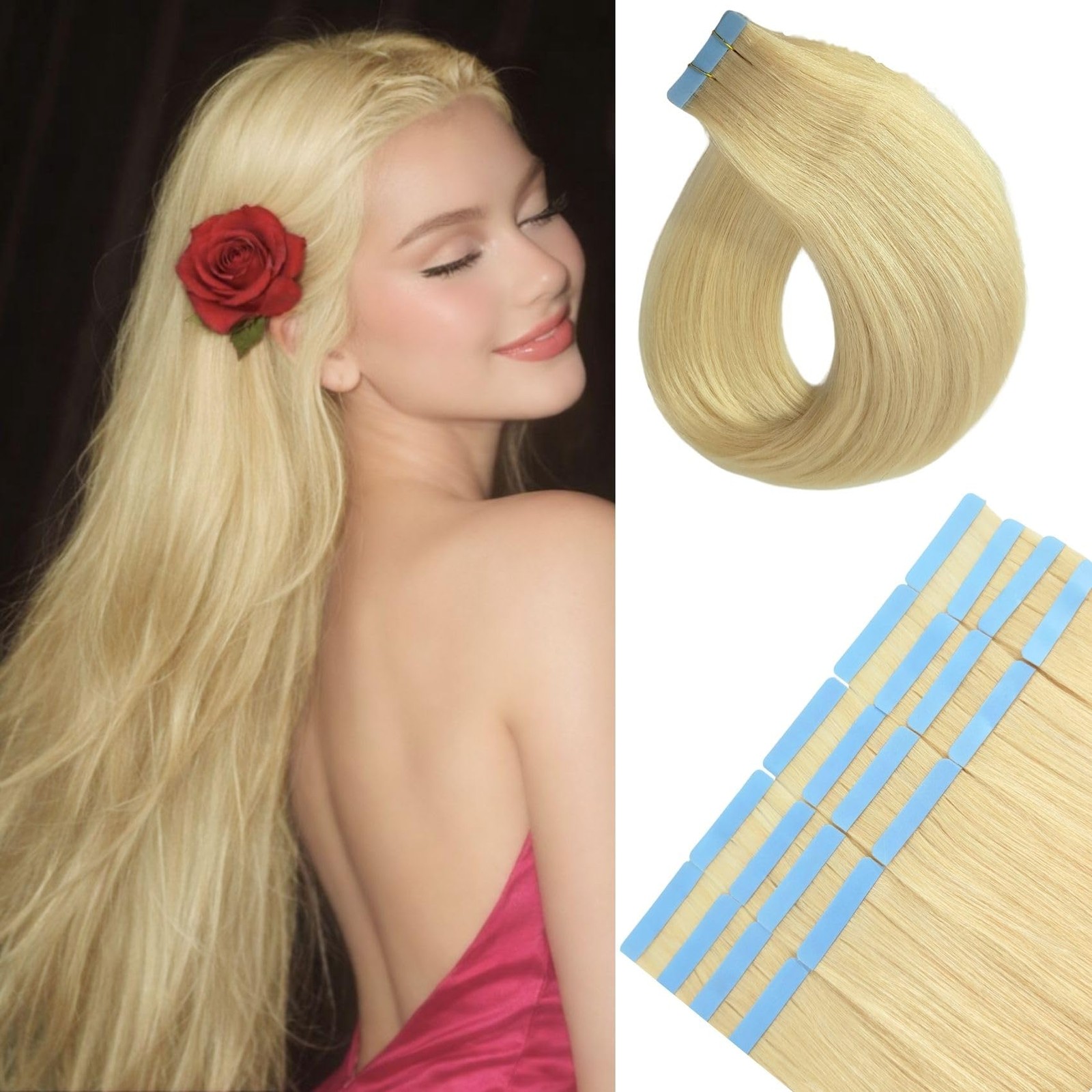 Platinum Blonde Invisible Tape In Hair Extensions Human Hair 20Inch Long Hair Ex