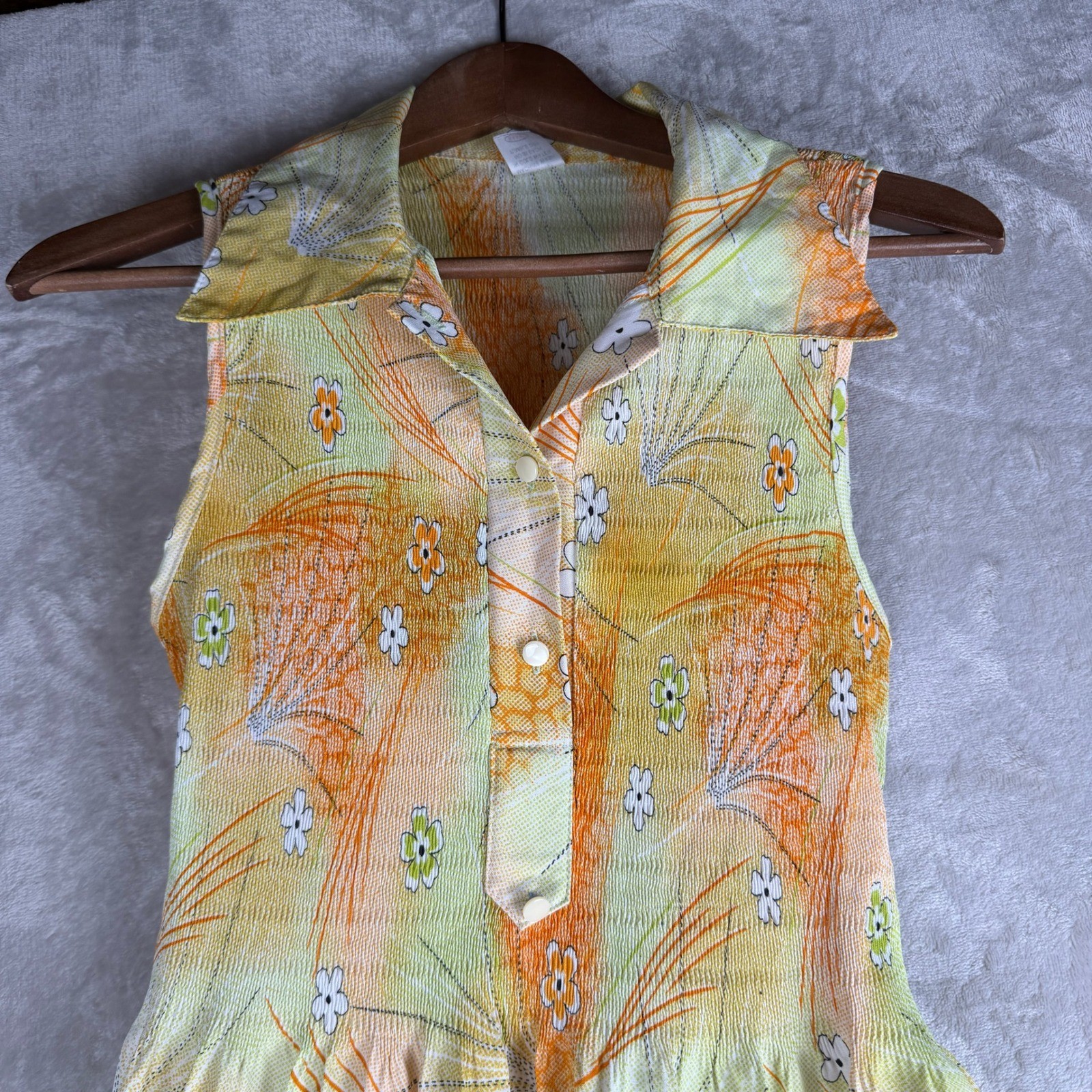 Boho soft girl Vintage 70s Floral Plisse Sleeveless Midi Dress Orange Yellow