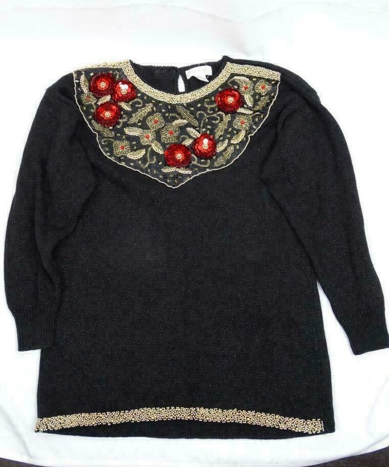 Eminent Vintage Sweater Black Size Medium Gold Flower Beaded Embellished Top 80s