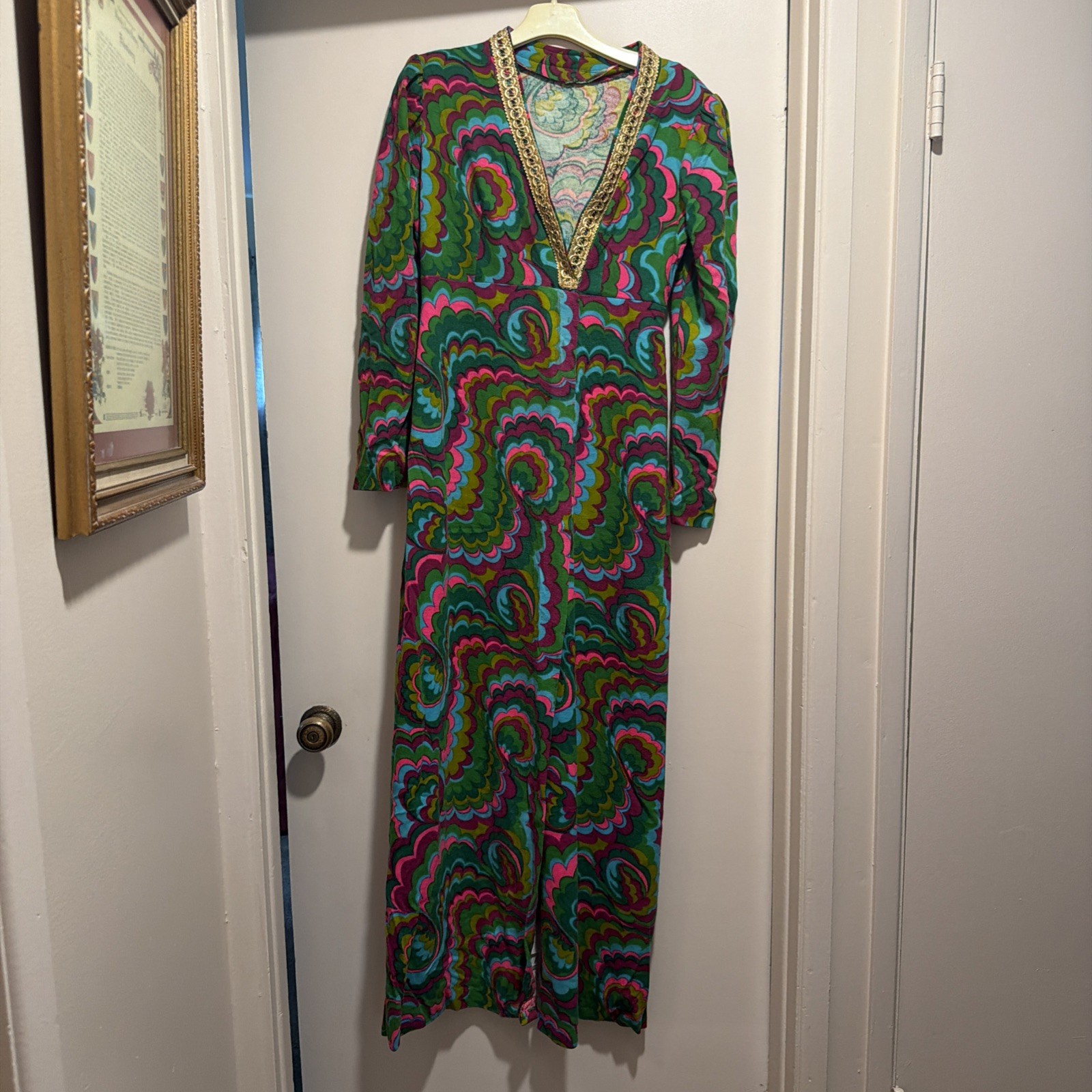 Vtg 60s 70s Psychedelic Hostess Maxi Dress Lined Front Slit Handmade Vogue 8154