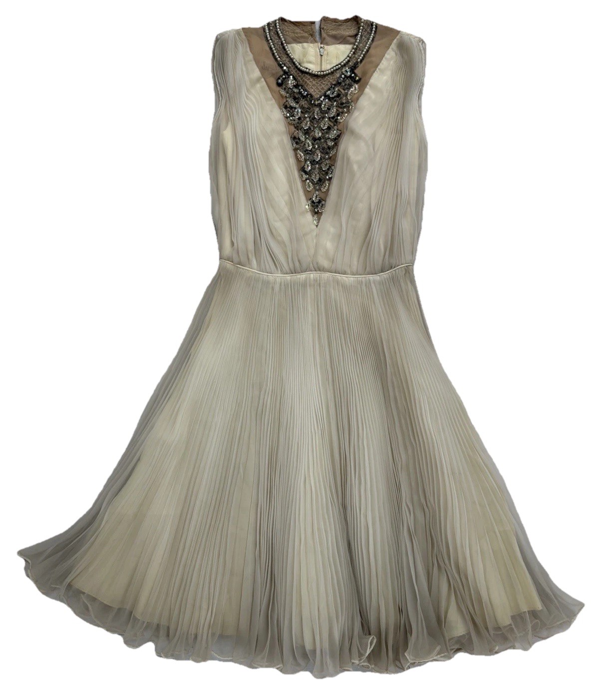 Vintage 60s Jack Bryan Ivory Beaded Pleated Ruffle Cocktail Dress Gatsby S/M
