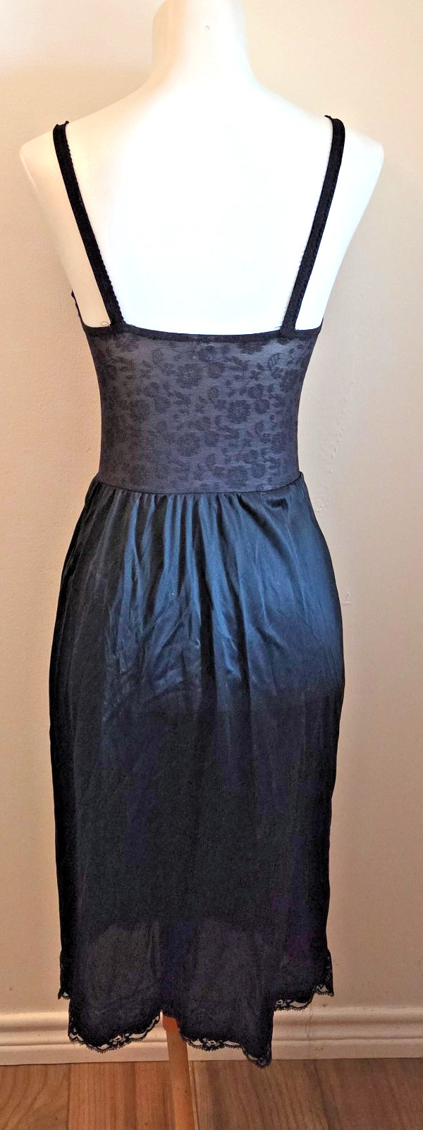 Blanche 1950s Vtg Lace Satin Slip Dress Nightgown Black Small Knee Length SEXY !