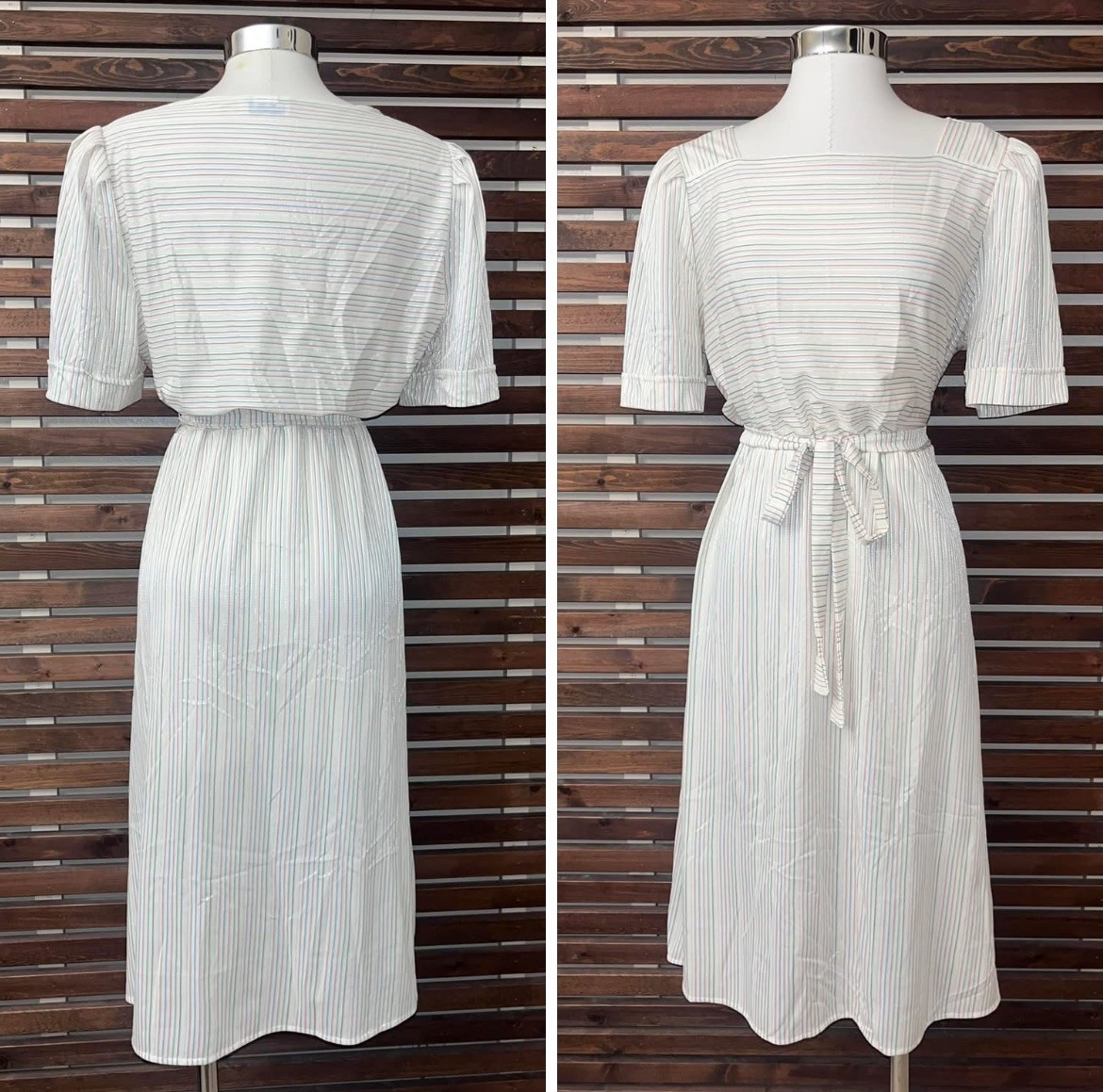 1970s Vintage White Pink Green Purple Striped Silver Metallic Tie Waist Dress