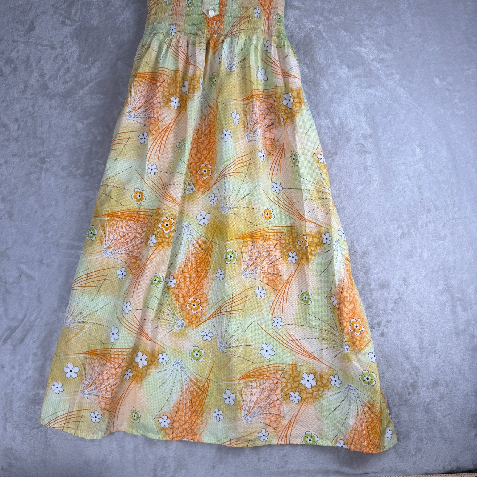 Boho soft girl Vintage 70s Floral Plisse Sleeveless Midi Dress Orange Yellow