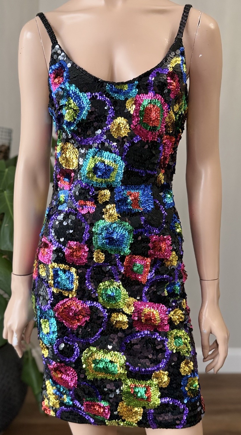 VTG 80s AJ Bari Sequin Mini Dress Multicolor Geometric Open Back Cocktail Sz 6