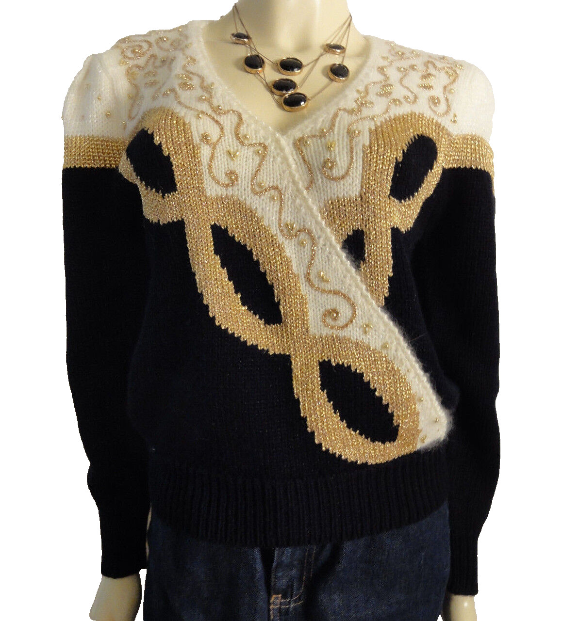DANA SCOTT Vintage black, gold and white sweater with gold beading size Medium