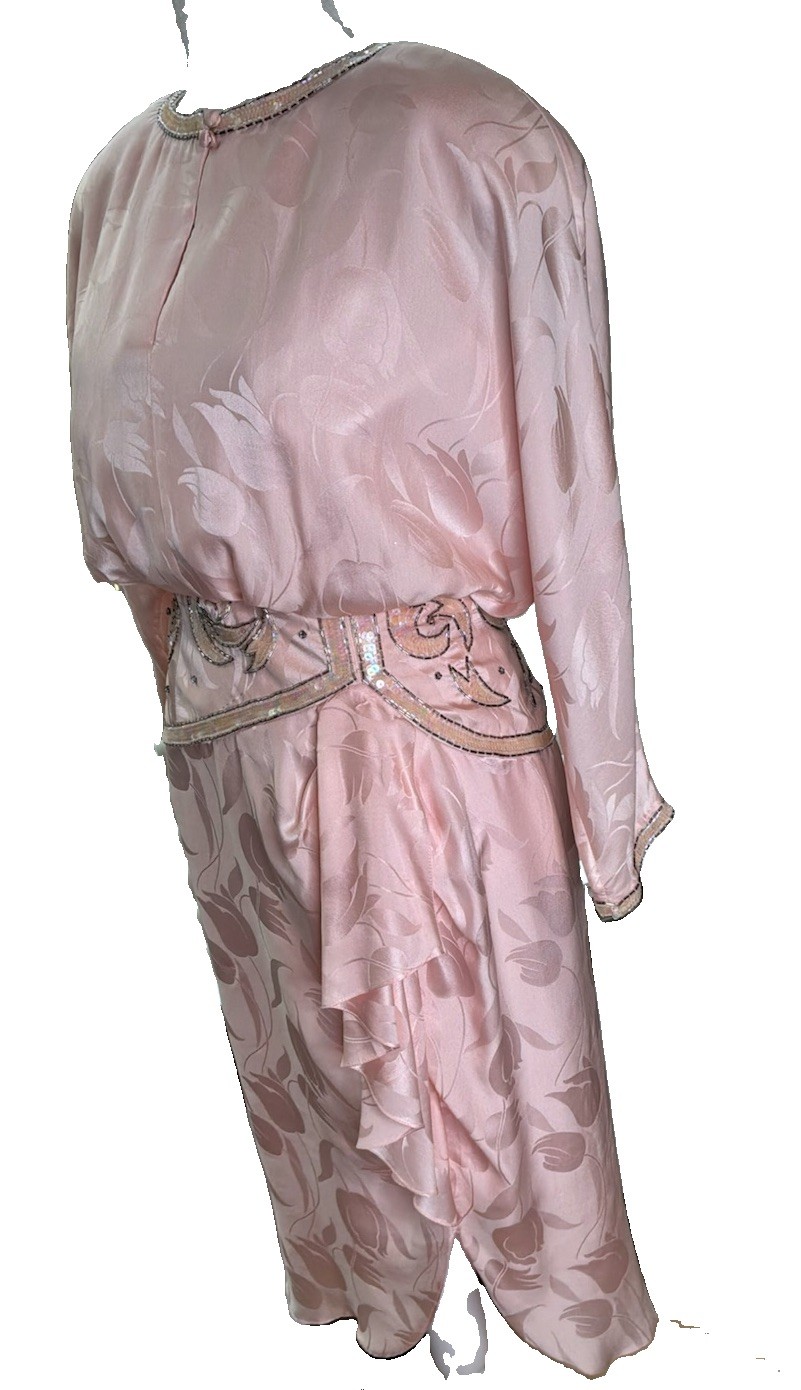 Vintage Oleg Cassini Pink Silk Beaded Cocktail Dress Tulip Jacquard Size 6
