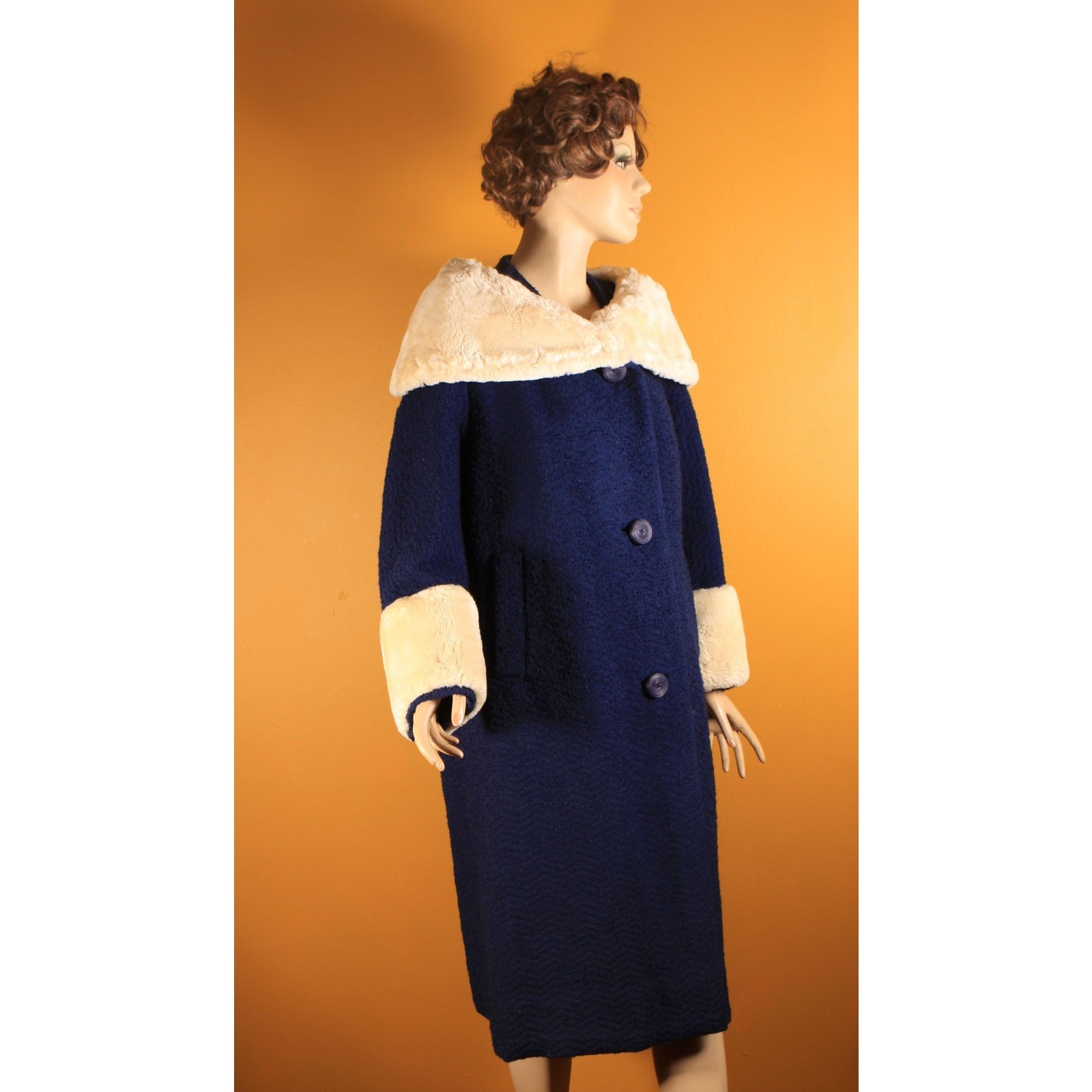 1950s Blue Long Sleeve Cream Sheared Chinchilla Fur Cuff Collar Coat by Adler’s