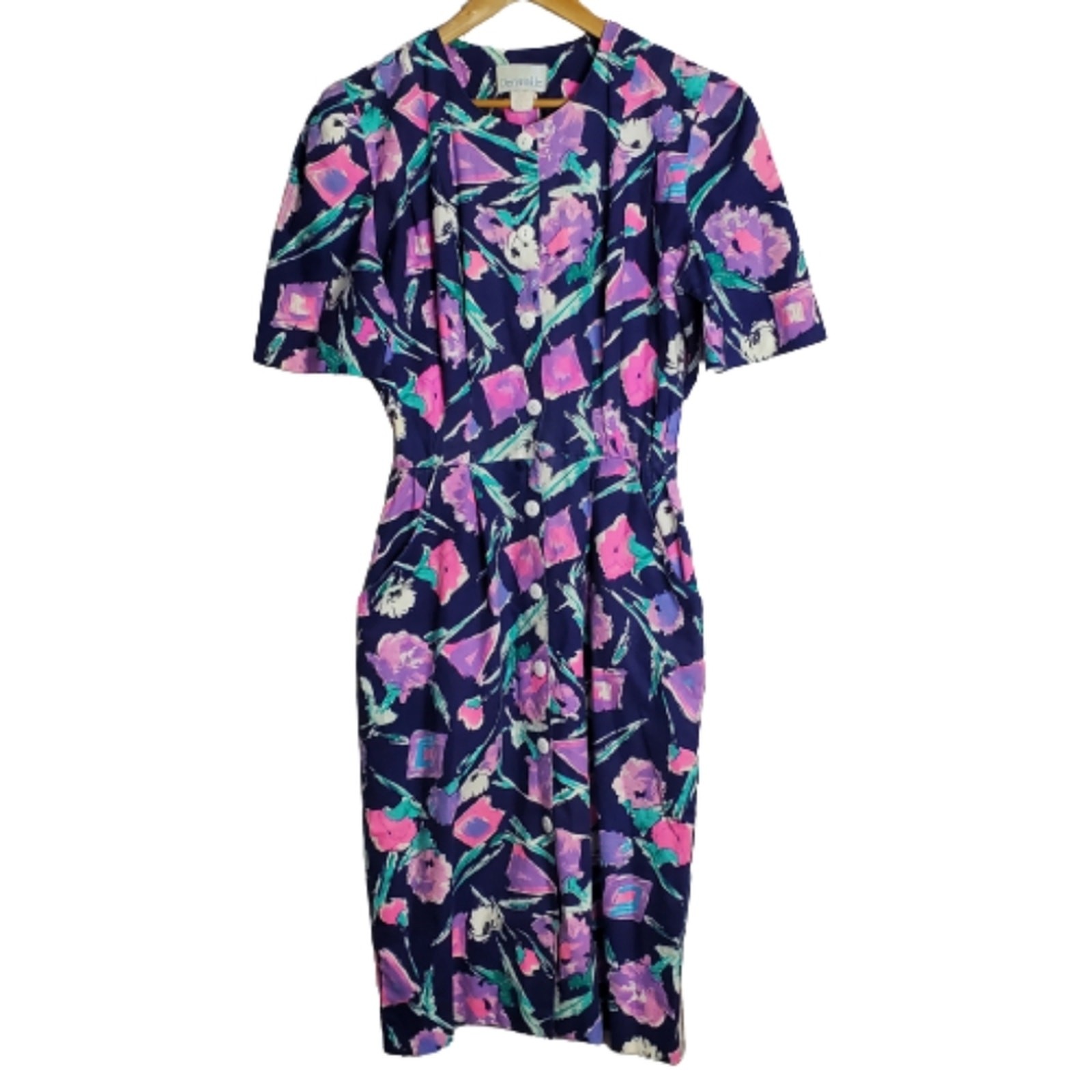 Vintage Periwinkle Dress Womens Size 10 Purple Floral Button Down Cottage Pinup