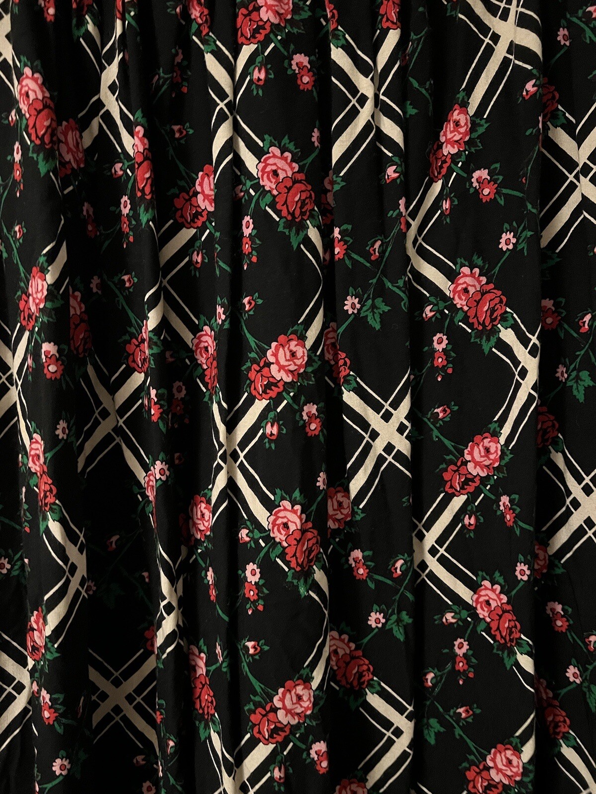 Vintage 70s Sz 12 Floral Black W/Pink Roses Maxi Skirt Boho Prairie L John Meyer