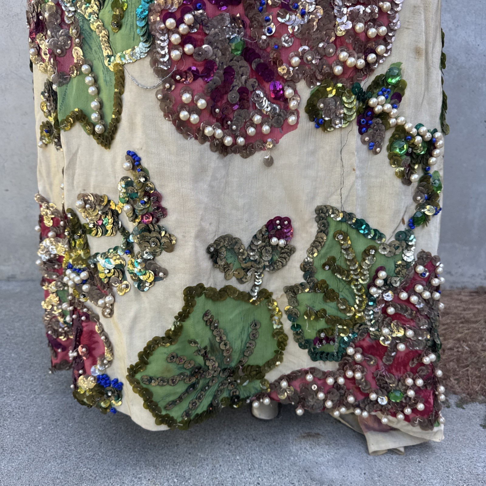 Vintage 1930s Painted Skirt Rhinestones Beading Pearls Flower Showgirl Burlesque