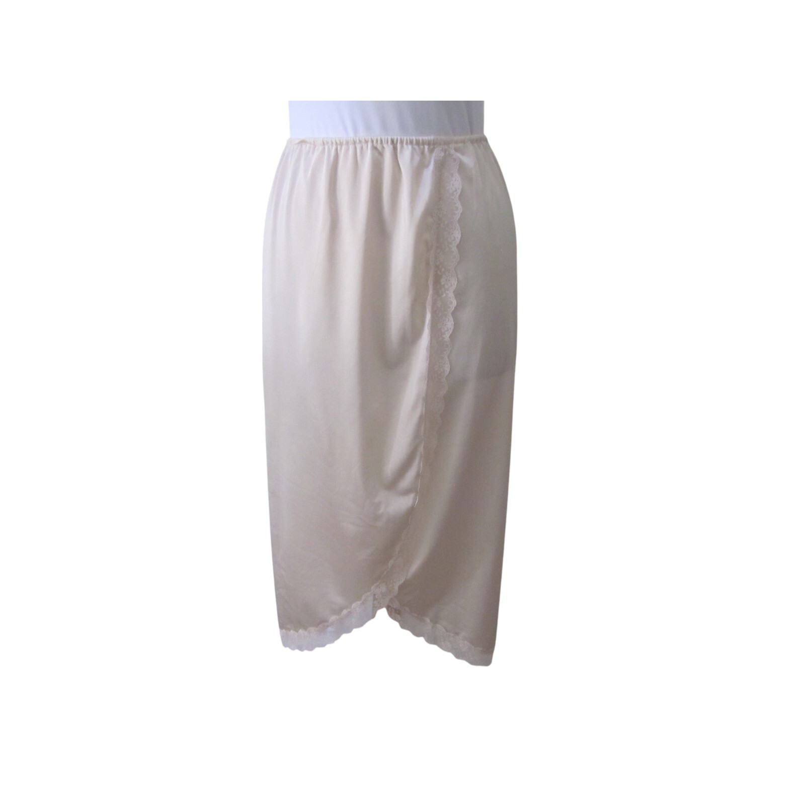 VTG FLAIR Beige 100% Nylon Faux Wrap Lace Trim Half Slip MADE IN USA Sz S