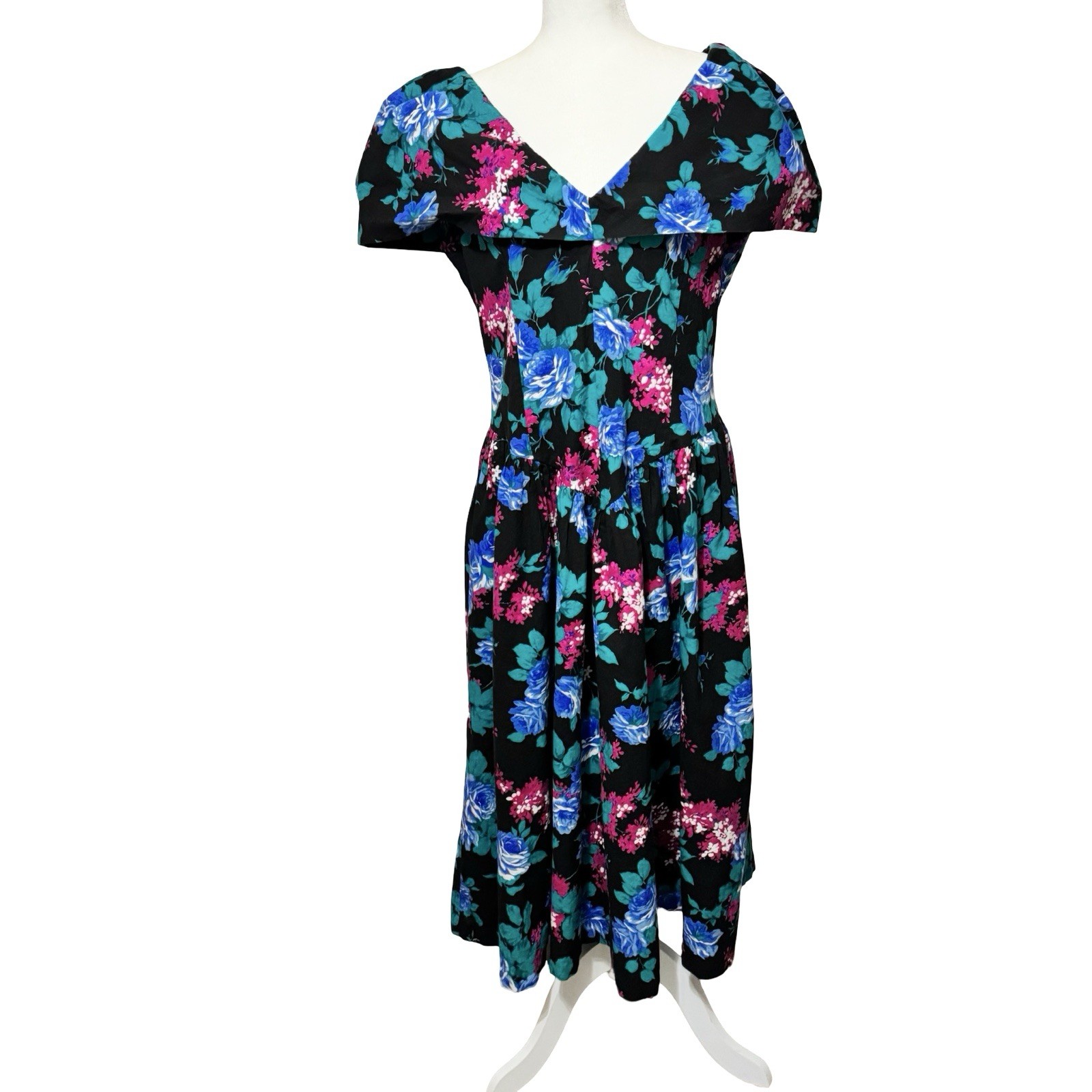 Vintage 80s Floral Party Dress SL Fashions Size Large Big Collar Tea Cottage