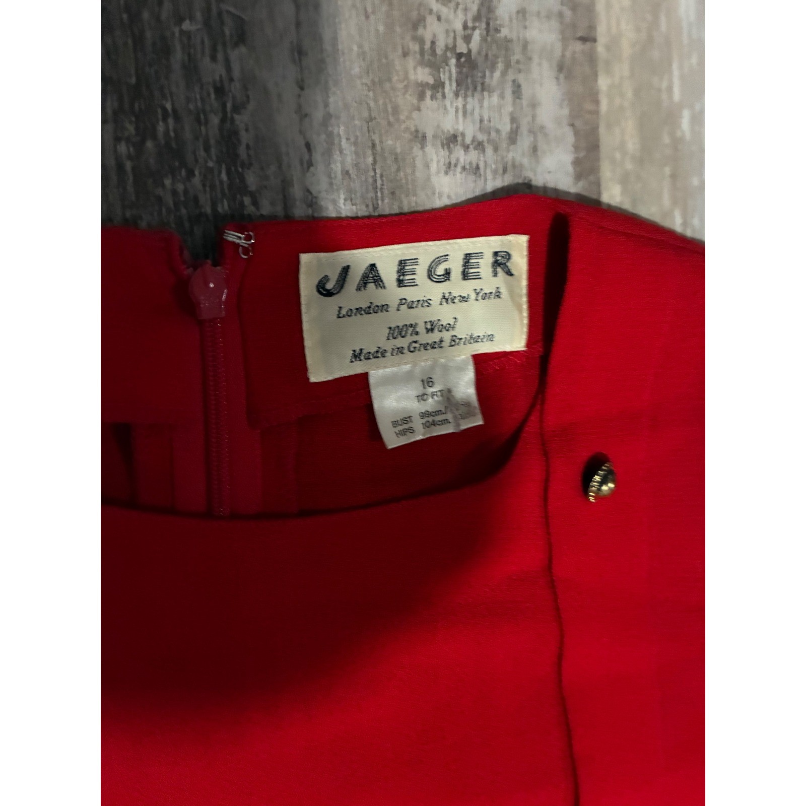 Vintage Jaeger London Red 100% Wool Dress Gold Button Detail Made in Britain