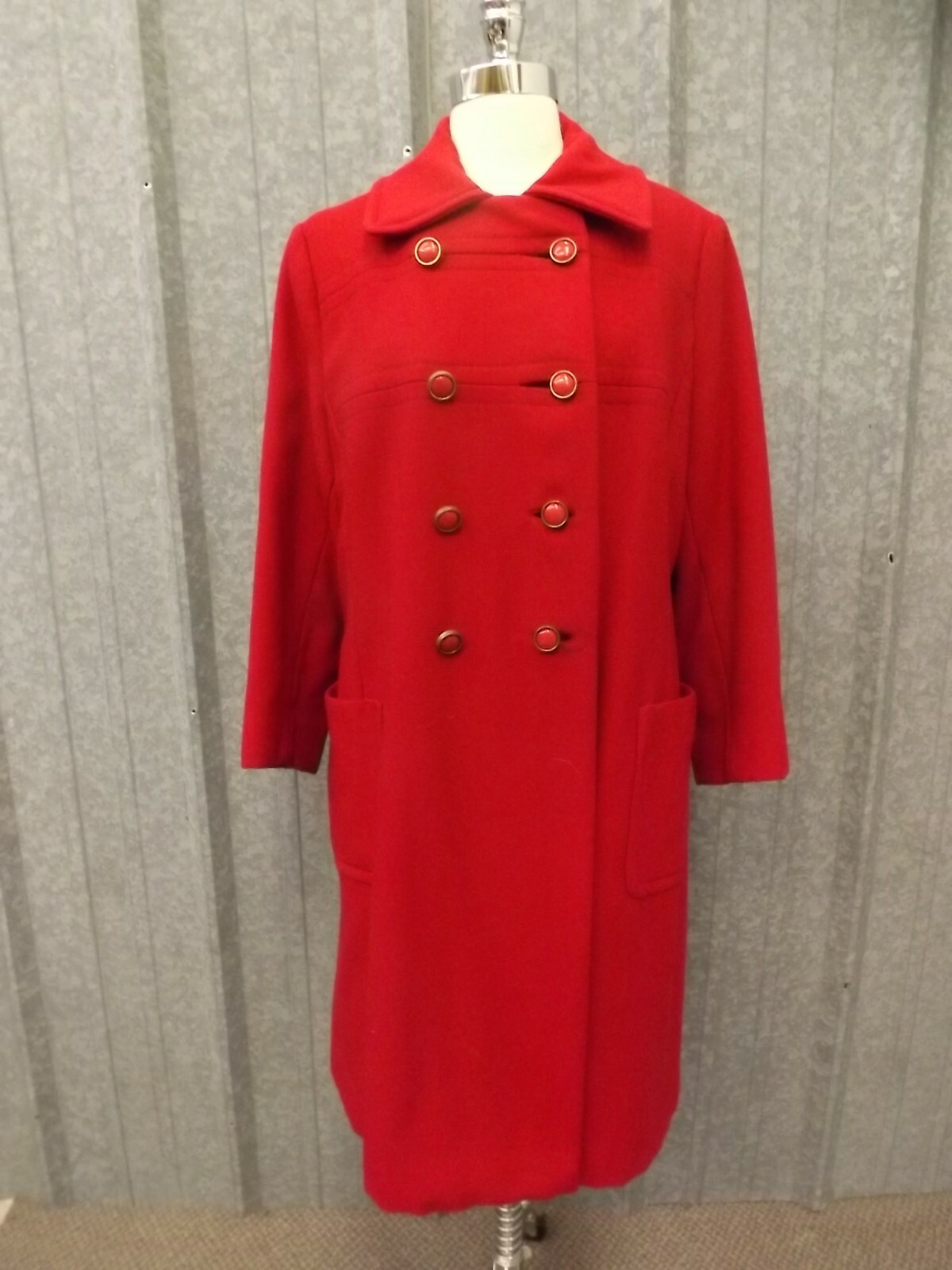 Stylecraft Vtg 1960s Red Double Breasted Belted Back Wool Insulated Long Coat L