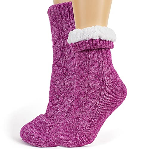 Slipper Socks for Women with Grippers Non Slip, Sherpa Lined Small Purple