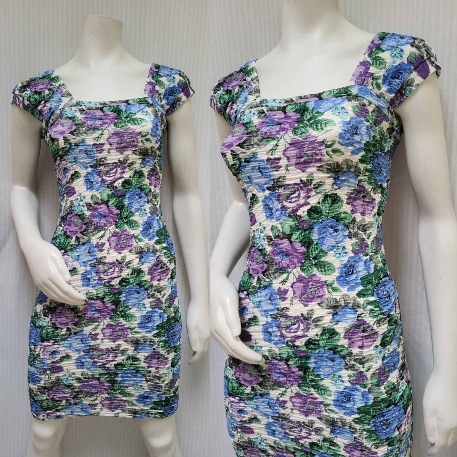 Vintage 1980/90s LE CHATEAU Floral Crinkle Knit Bodycon Dress – Size S – EUC