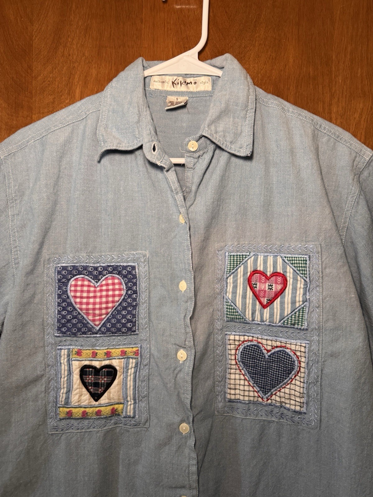Vintage Kikomo Heart Patchwork Shirt Small Blue Cotton Chambray Cottagecore 90s