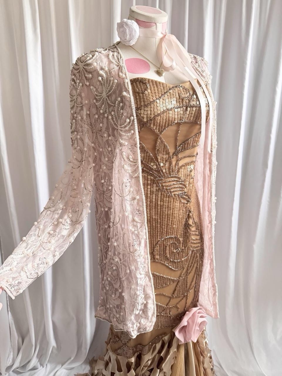 Vintage Y2K Pink White Pearl Beaded Overcoat Jacket Women’s Size Large Sequin