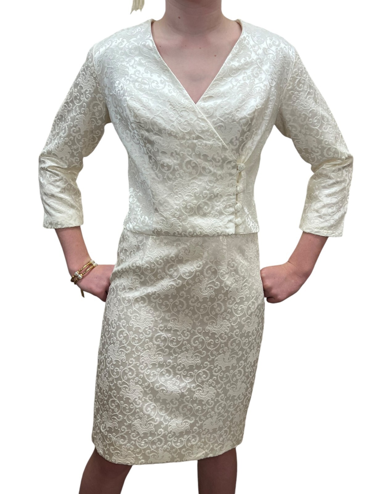 Sz M Vtg 50s 60s 2 pc Dress Suit Ivory Brocade Wrap Top Pencil Skirt Wedding