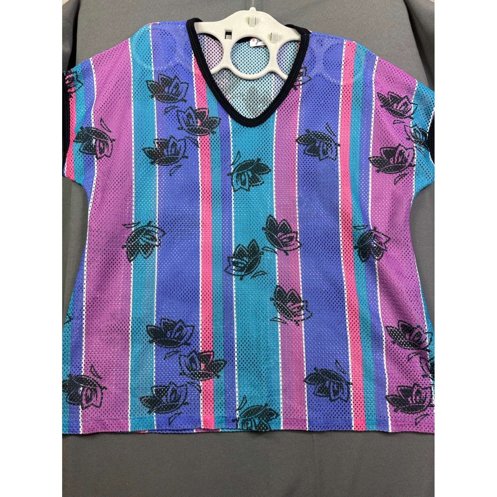Vintage Julie Girl Mesh Butterfly Stripe V-Neck Top Made in USA Retro 90s Teal