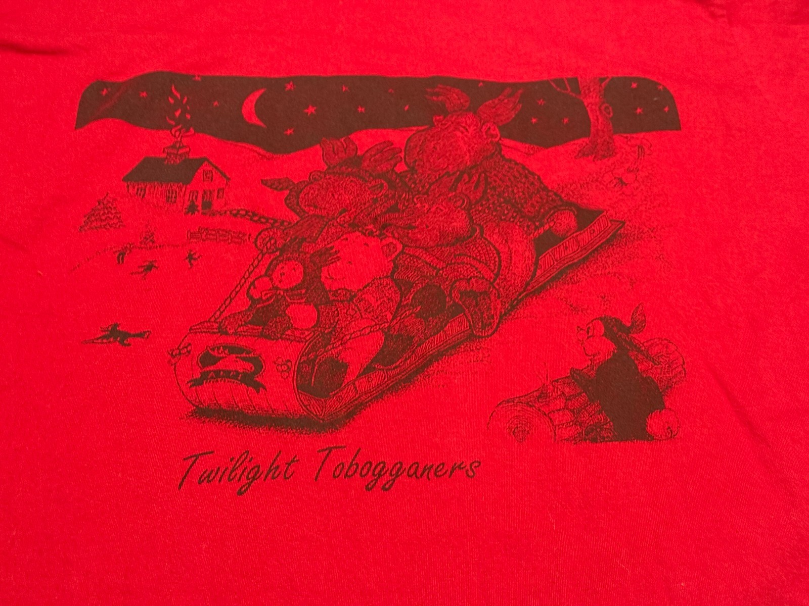 Vintage 90s Alps Womens OSFA Red Twilight Tobogganers Nightgown Moose Print