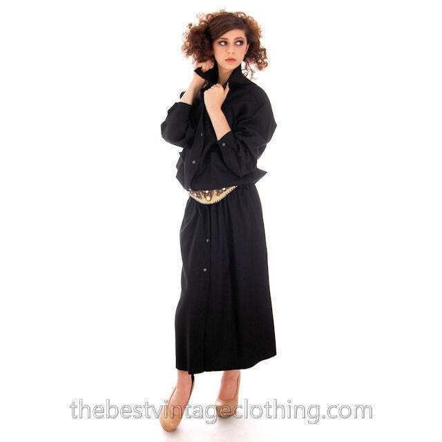 VTG 70s 80s Vuokko Finland Black Wool Snap Front Dropped Waist Dress M