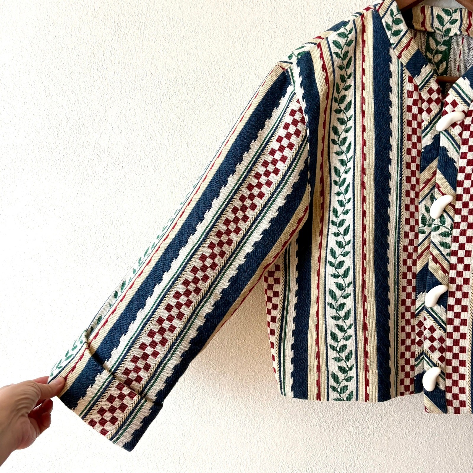 Doncaster Vintage Tapestry Jacket 10 Leaf Check Stripe Toggle USA Made 90s Artsy
