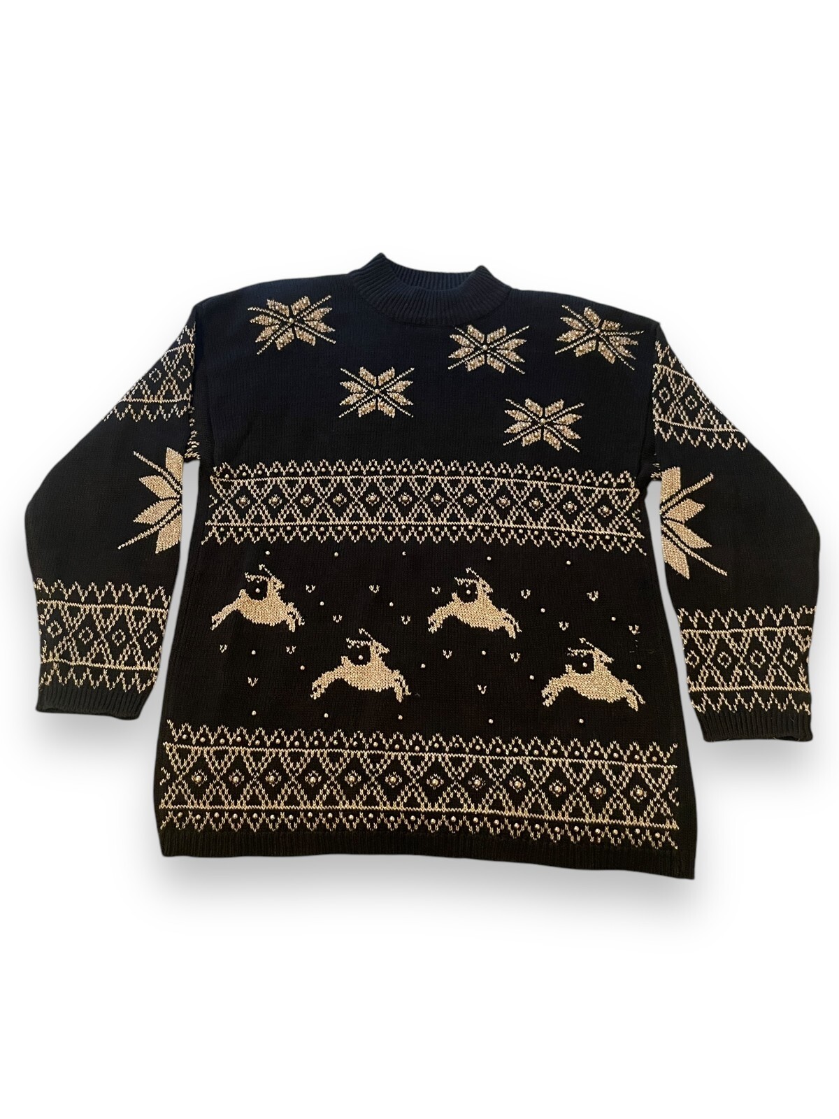 VTG Women’s EMINENT Black & Gold Knit Christmas Sweater Reindeer & Poinsettia M