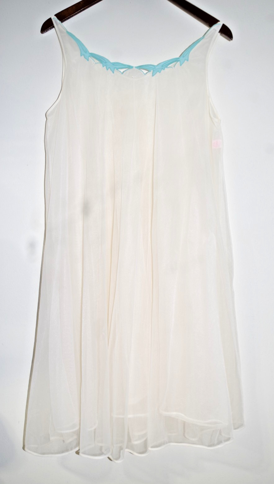 K Vintage Yolande M Off White & Aqua Openwork Pearls Chiffon Nylon Nightgown