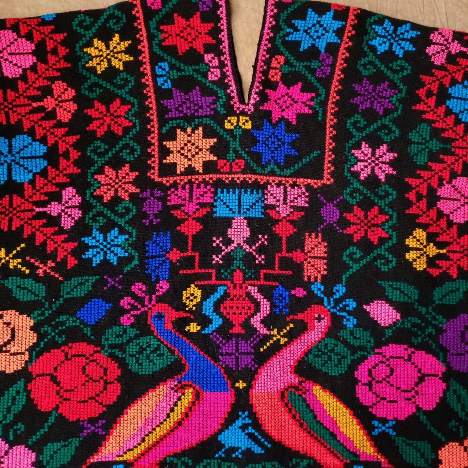 Vintage 70s Colorful Embroidered Boho Fringe Blanket Poncho OS