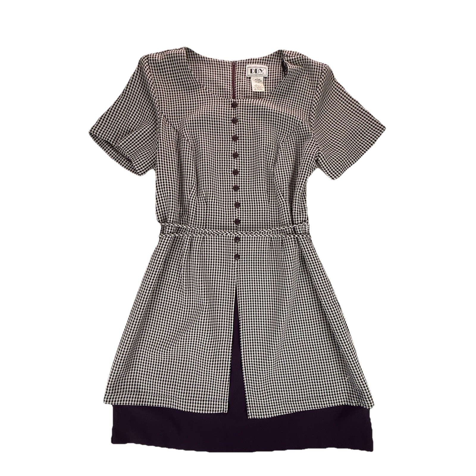 Vintage 90s DBY Burgendy and Ivory Gingham Style Tea Dress S14 Tie Waist