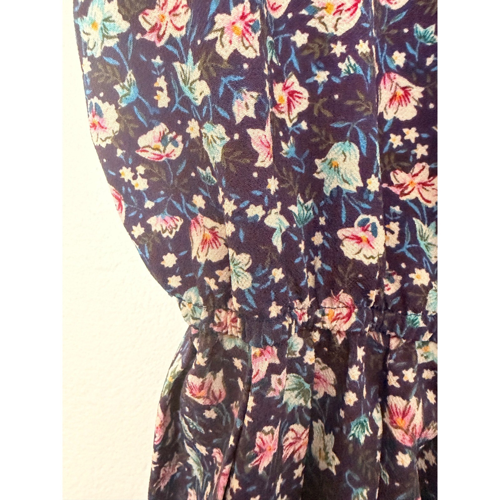 Leslie Fay Vintage Floral Midi Dress Purple Pink Short Sleeve Elastic Waist