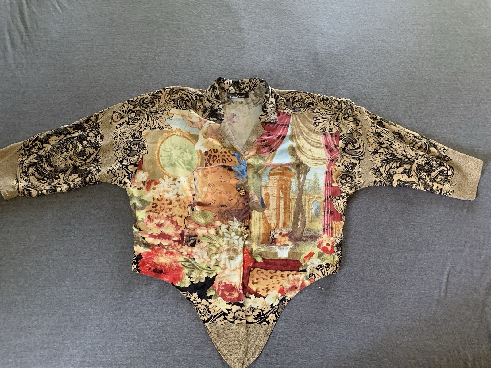 Vintage 80s Victorian Rococo Print Top Cherubs Cathedral Filigree Gothic Boho M