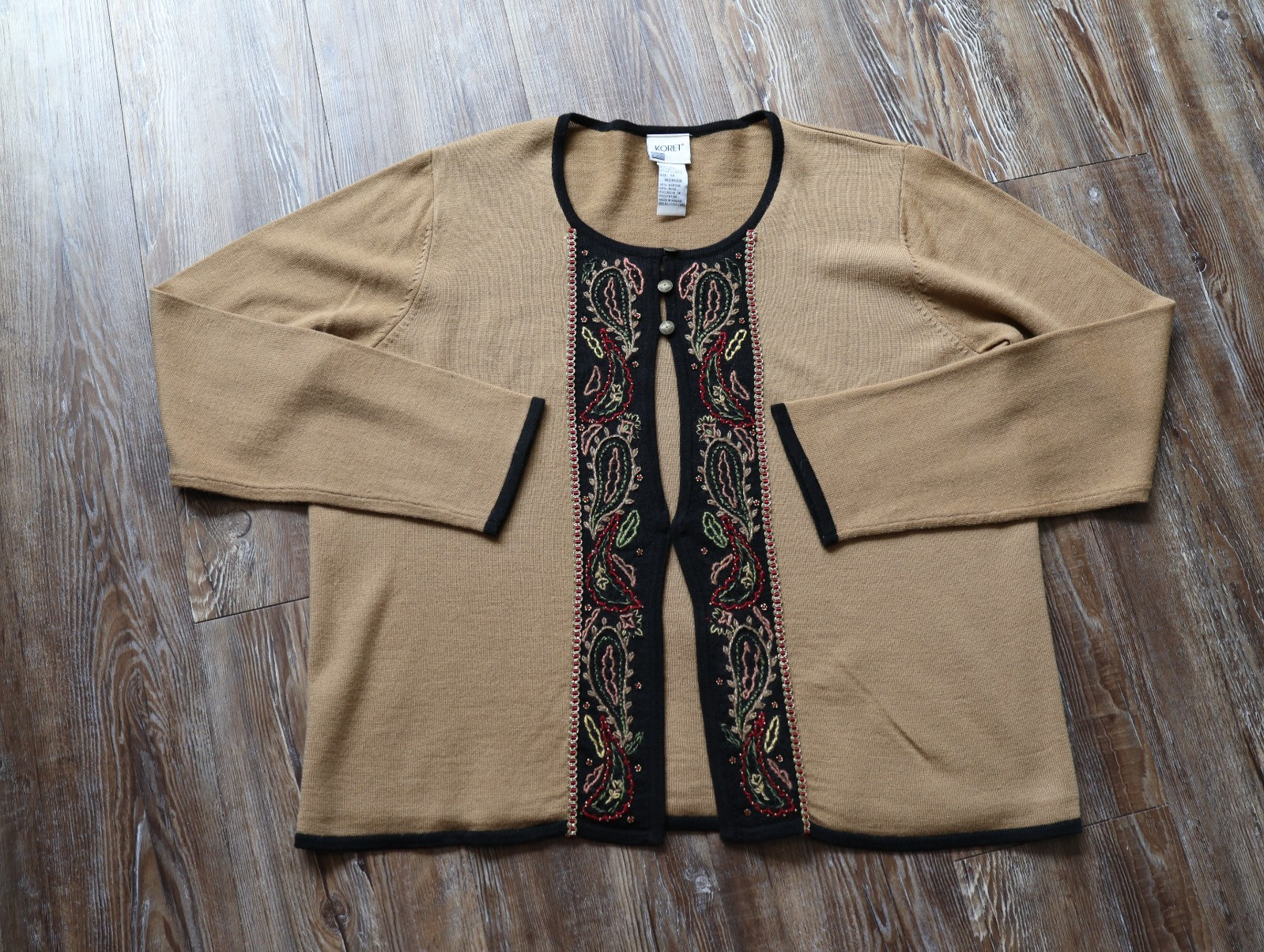 Vintage Koret Paisley Embroidered Beaded Cardigan Boho Tan Black Womens 1X