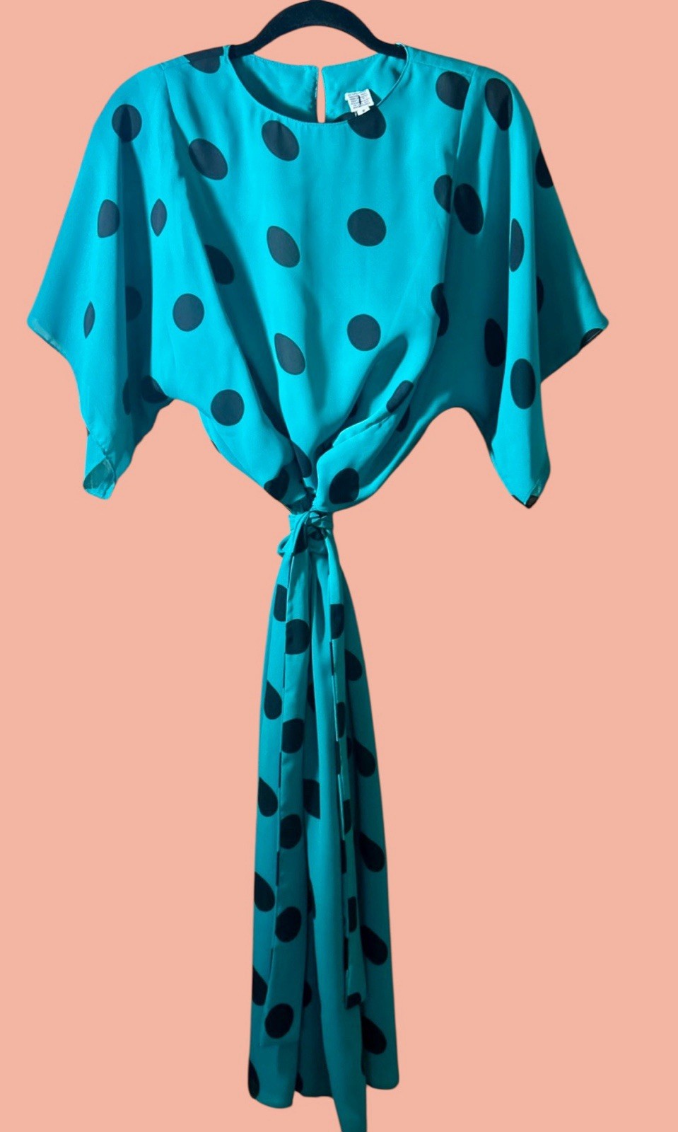 Vintage Silky Black Polka Dot Teal Blouson Belted Midi Dress Totally 80s Size 8