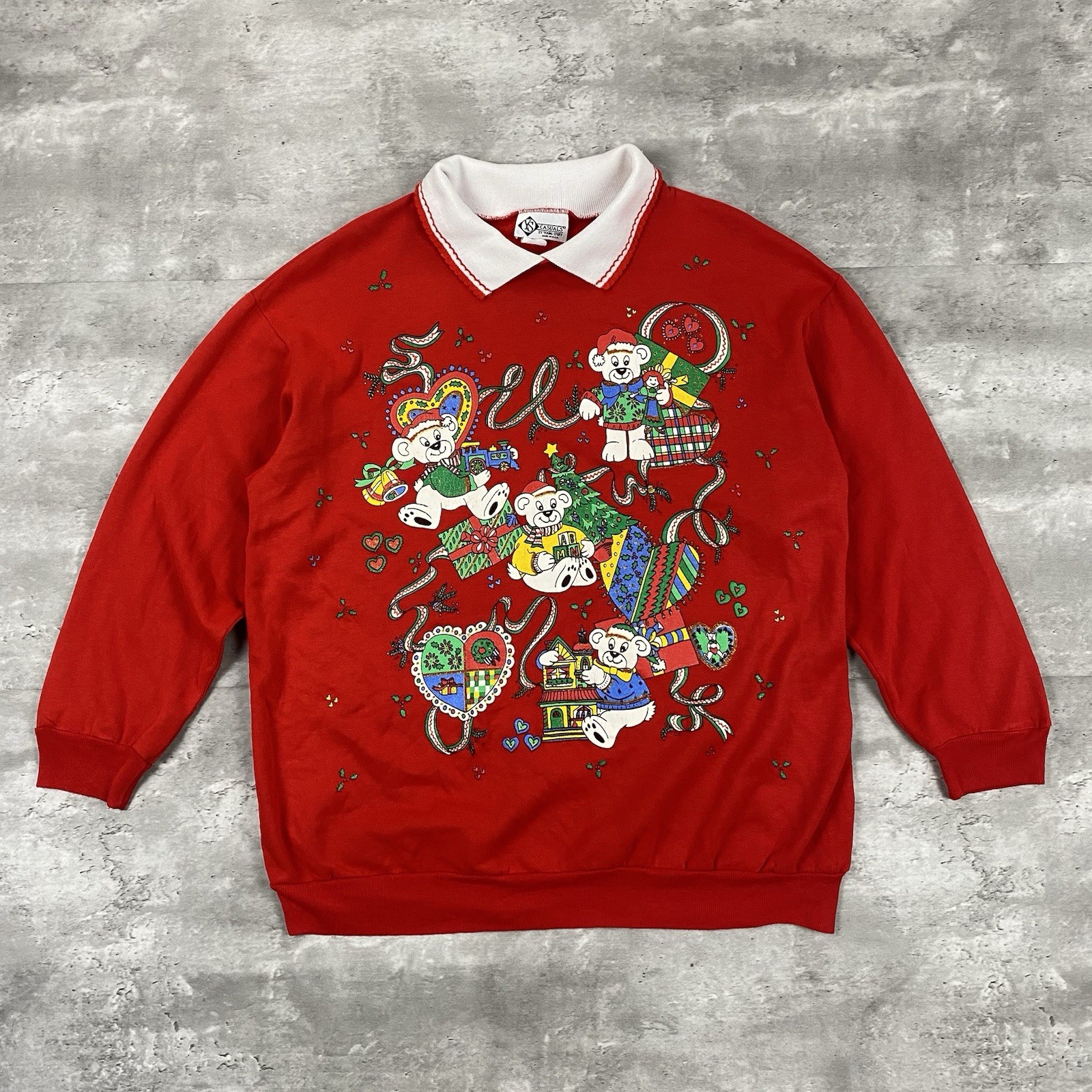 vintage 80s 90s CASUALS YOUNG STUFF CHRISTMAS sweatshirt collard 1X bear heart