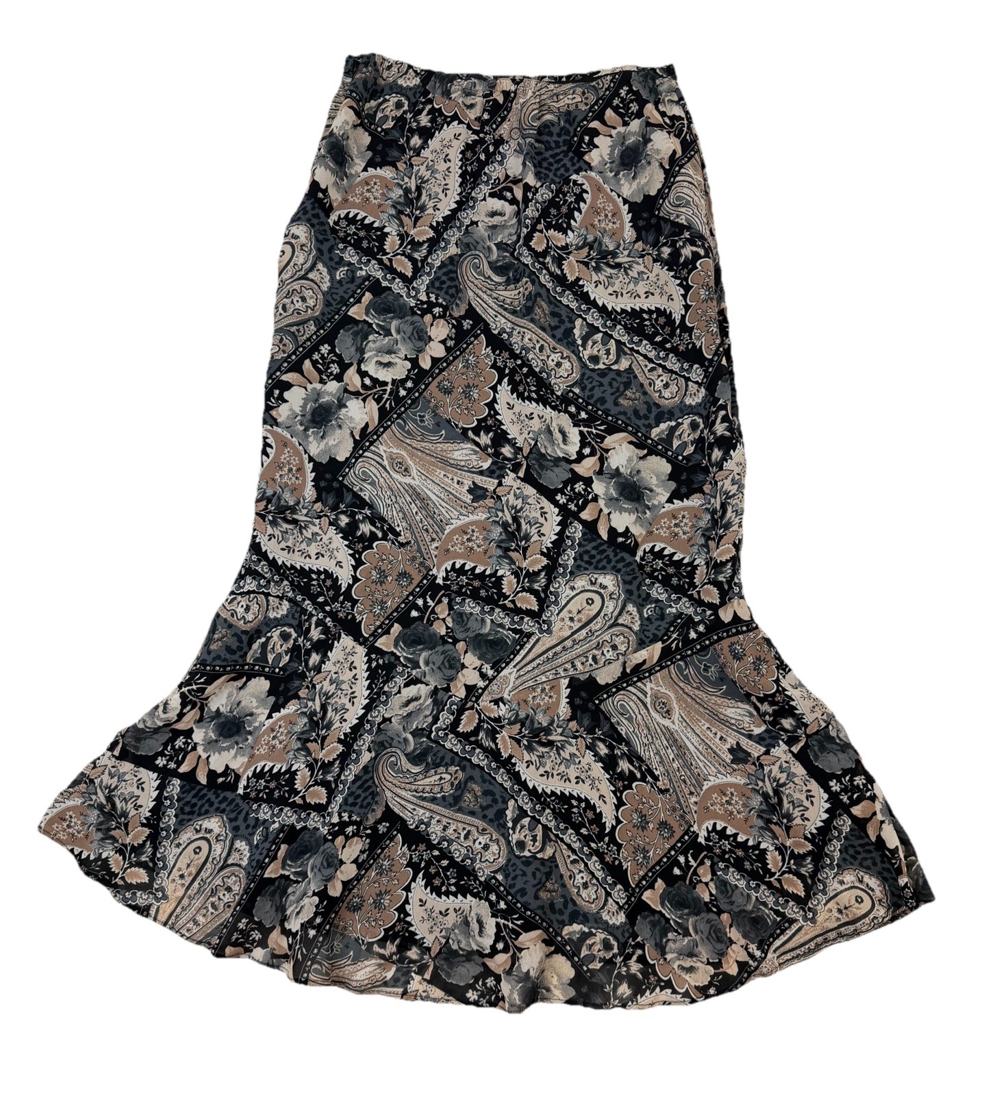 Vtg 90s Carol Anderson Black/Brown Paisley Midi Flare Skirt Romantic Rayon USA