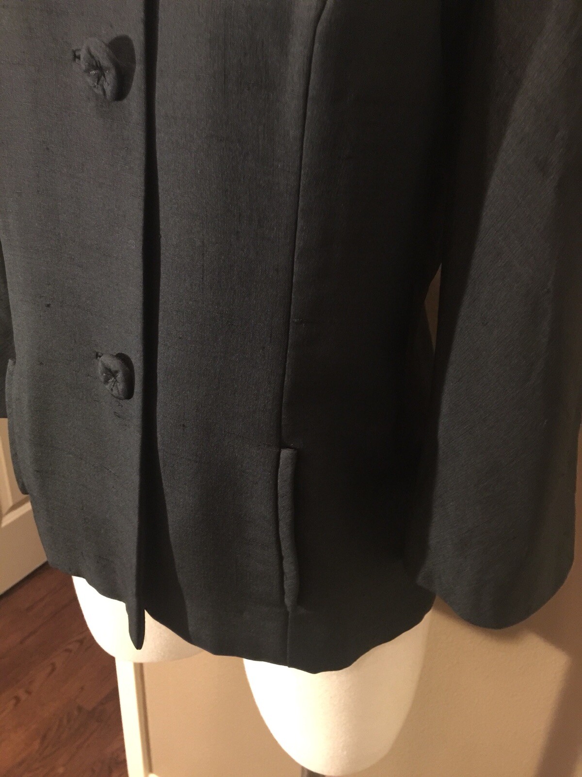 Vintage Retro 10/12 L Black Collarless Jacket W 3/4 Sleeves & Pockets