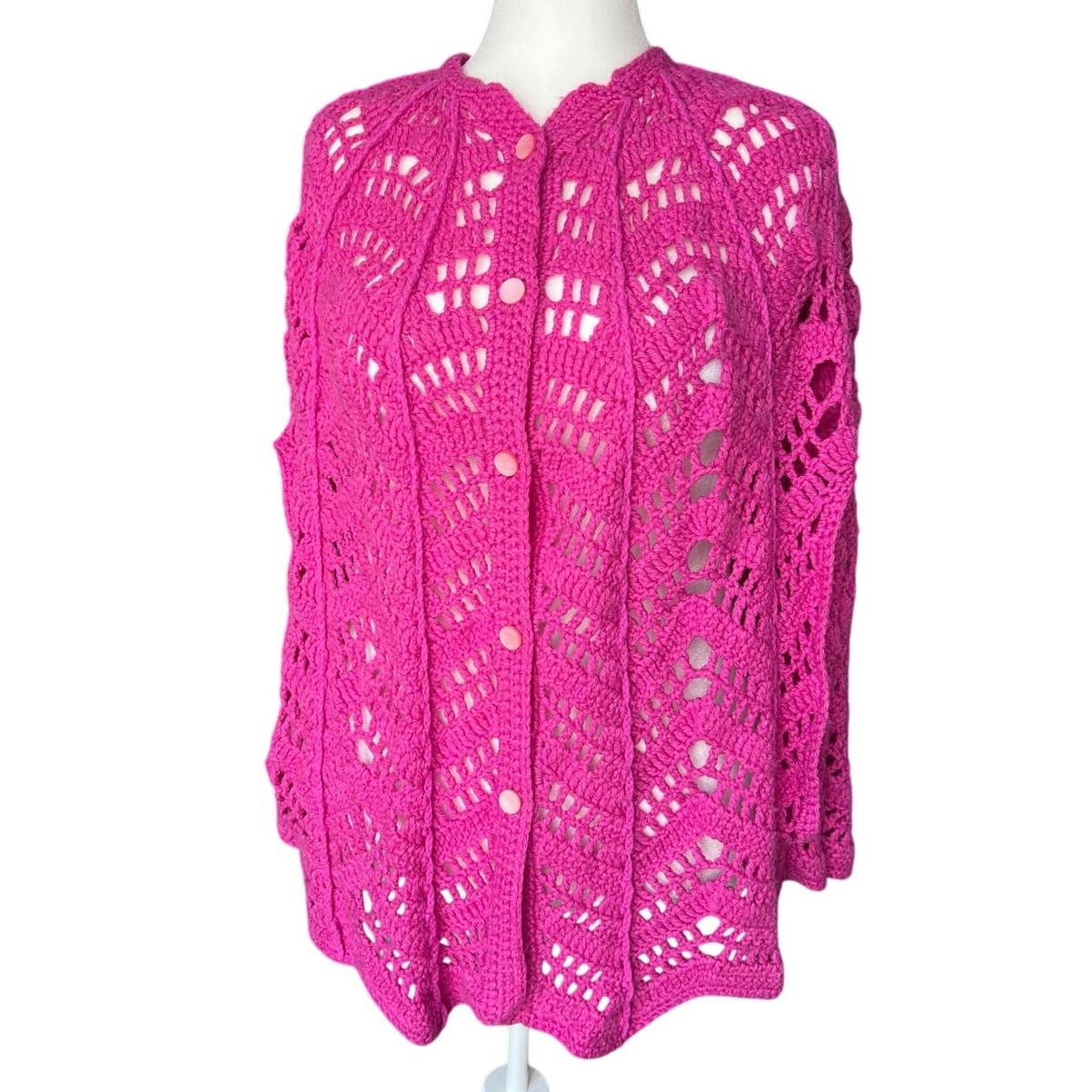 Vintage Handmade Hot Pink Button Front Capelet or Poncho w Armholes OSFM Crochet